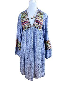 Anthropologie Dress Beaded Embroidered Blue Stripes Bhanuni by Joti (S)